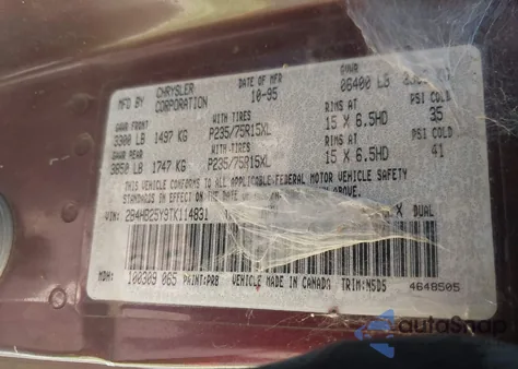 1996 Dodge Ram Wagon B2500 z USA, uszkodzony, nr VIN 2B4HB25Y9TK114831